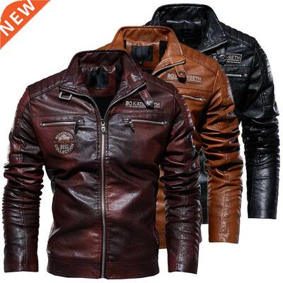 Leather Jacket Men Winter Fleece Motorcycle PU Leahter Jacke