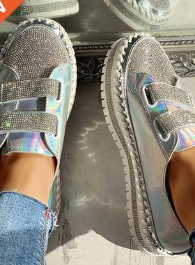 Women Rhinestone Casual Daily Magic Tape Sneakers Thick Bott