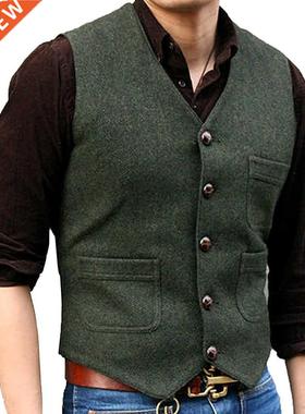 Men's Suit Formal V Neck Wool Herringbone Tweed Casual Waist