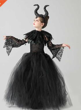 Kids Maleficent Evil Black Gown Tutu Dress with Feather aw