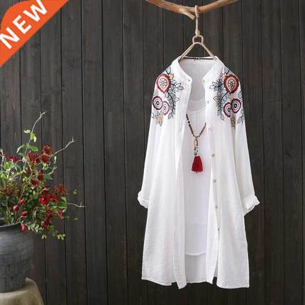 Women White Shirt 100% Cotton Embroidery Long Sleeve Button