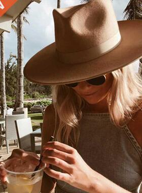 Classical Wide Brim Porkpie Fedora Hat Camel Black 100% Wool