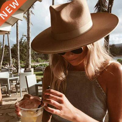 Classical Wide Brim Porkpie Fedora Hat Camel Black 100% Wool
