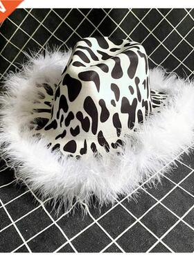 Women Feather decorato Cow Fedora Hats Pattern Cowboy Hat W