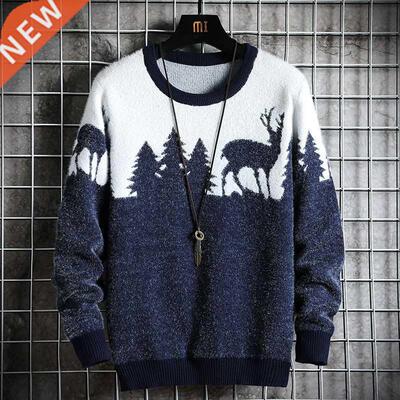 Autumn Winter Christmas Sweater Men Pullovers Deer Print Kni