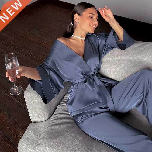 HECHAN Solid Women Robes With Sashes 2 Piece Set Wrist Sleep