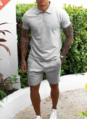 Men's Tracksuit Cotton Solid Color Short Sleeve Zipper Polo