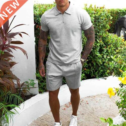 Men's Tracksuit Cotton Solid Color Short Sleeve Zipper Polo