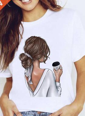Women Graphic Coffee Sweet Girl Cartoon Short Sleeve Spring