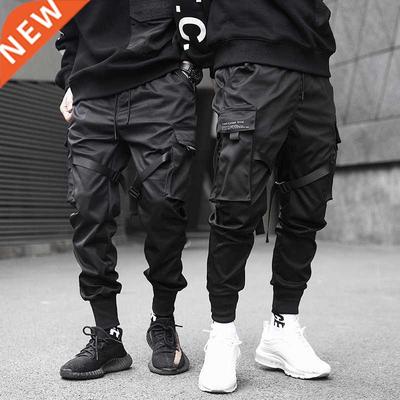 Men Cargo Pants Black Ribbons Block Multi-Pocket Harem Jogge