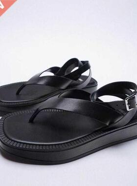 Summer Women Shoes Black Flat Leather Fashion Sandals Flip-f