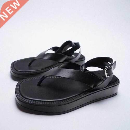 Summer Women Shoes Black Flat Leather Fashion Sandals Flip-f