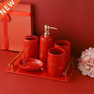 Ceramic red bathroom accessories set washing tools mouthwash