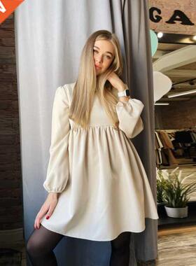 CHURSES O-Neck Folds Lantern Sleeve Casual Dresses Autumn So