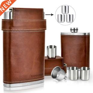 GENNISSY 8oz Portable Leather Covered Hip Flask+3 Stainless