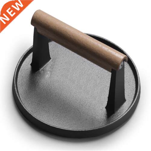 Round big BBQ tool Cast iron Wooden Handle Steak Plate Meat