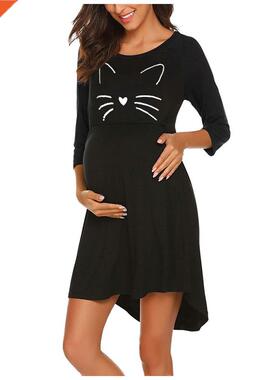 Nursing Maternity Nightdress Printed Cute Cat Black Pregnanc