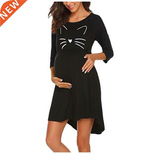 Nursing Maternity Nightdress Printed Cute Cat Black Pregnanc