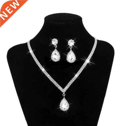 Water Drop Rhinestone Long Pendant Full Crystal Silver Plate