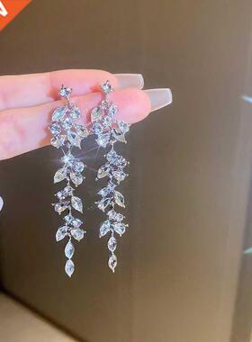 Two Tone Leaf Women's Carbon Zircon Long Earrings Color Jewe
