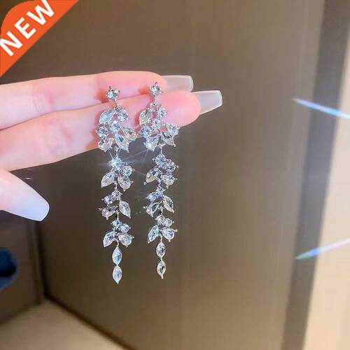 Two Tone Leaf Women's Carbon Zircon Long Earrings Color Jewe