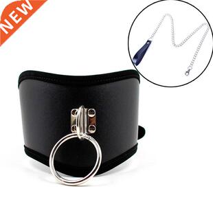 Black PU Leather Collars Chastity Neck Collar With Chain Lea