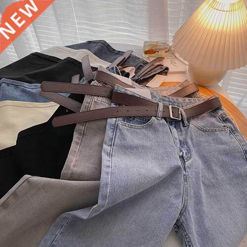 ZHISILAO Staight Jeans Women with Belt Vintage Basic Blue A