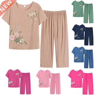 Summer Women Homewear Set Short Sleeve Floral Print T-shirt