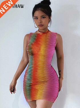 Hawthaw Women Summer Sleeveless See Through Bodycon Striped