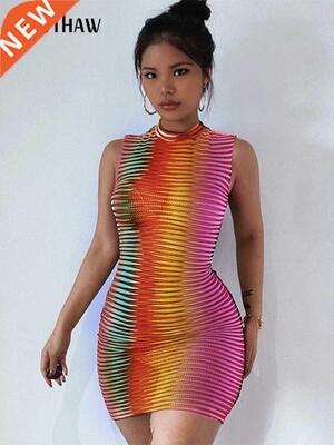 Hawthaw Women Summer Sleeveless See Through Bodycon Striped