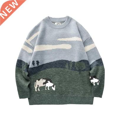 Men Winter Sweaters Pullover Cows Vintage Mens O-Neck Korean