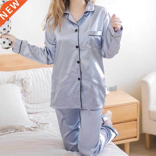 2021 Women 2PCS Pajamas Sets Women Lapel Imitation Silk Long