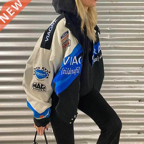 Blue Printed Casual Loose Jacket Woman Jacket Bomber Jacket