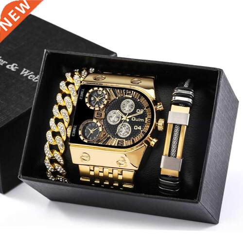 Top Brand Men Quartz Watch and Bracelet Set Business Gold S