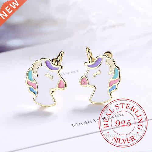 Real 925 Sterling Silver Earring Cute Unicorn Stud Earrings