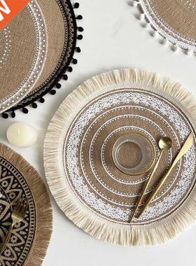 Round Embroidery Table Placemat Nordic Style Non-slip Linen