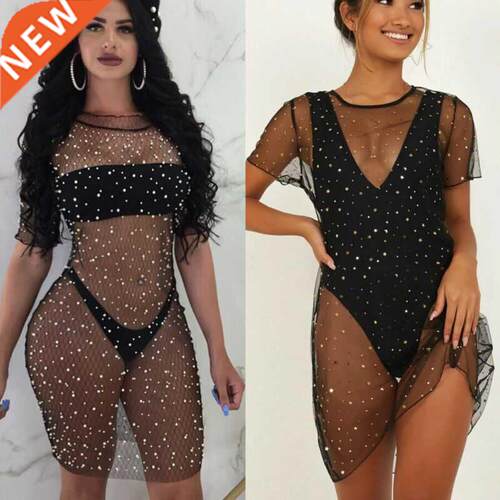 Women Sequins Me Bikini ort Sleeve See Through ver Up Sw