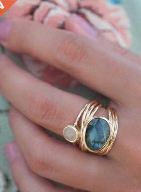 Vintage 14K Gold Labradorite Aqua Blue Shell Rings for Women