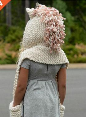 Kids Cartoon Unicorn Hooded Scarf Animal Hoodie Cowl Crochet