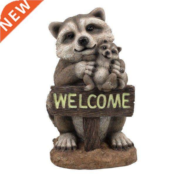 Garden Sculpture Cartoon Raccoon Shape Statue with Welcome图片