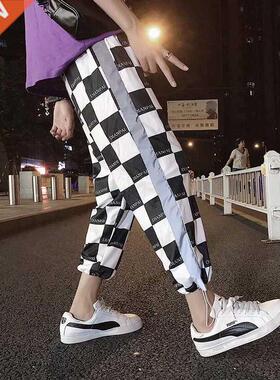Summer Hip Hop Casual Men's Pants Black and White Plaid