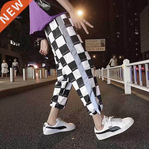 Summer Hip Hop Casual Men's Pants Black and White Plaid