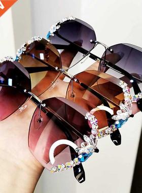 Vintage rimless sunglasses women Multicolored bling diamond
