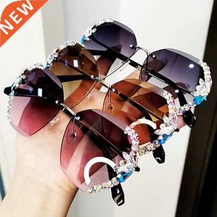 Vintage rimless sunglasses women Multicolored bling diamond