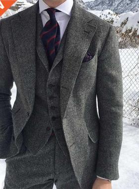 Gray Wool Tweed Winter Men Suit's For Wedding Formal Groom T