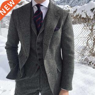Gray Wool Tweed Winter Men Suit's For Wedding Formal Groom T