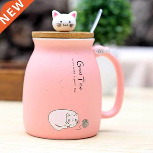 Milk Coffee Ceramic Mug with Lid Spoon Cup Cute Cat Heat-res