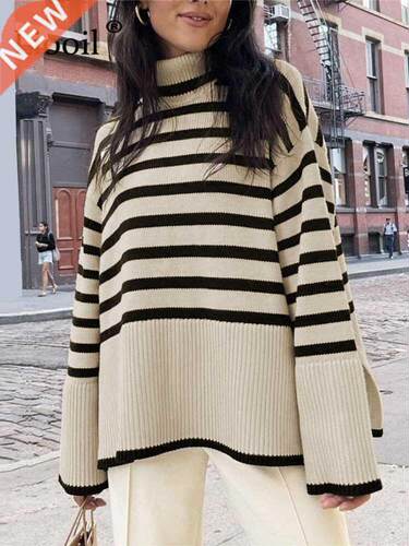 Black And White Stripe Sweater Setwear Loose Tops Women Pull