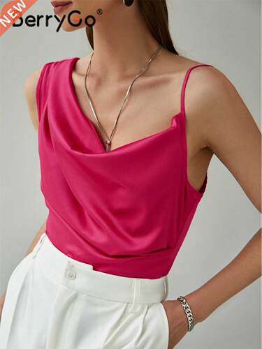 BerryGo Elegant office lady silk top pink 2022 Summer satin
