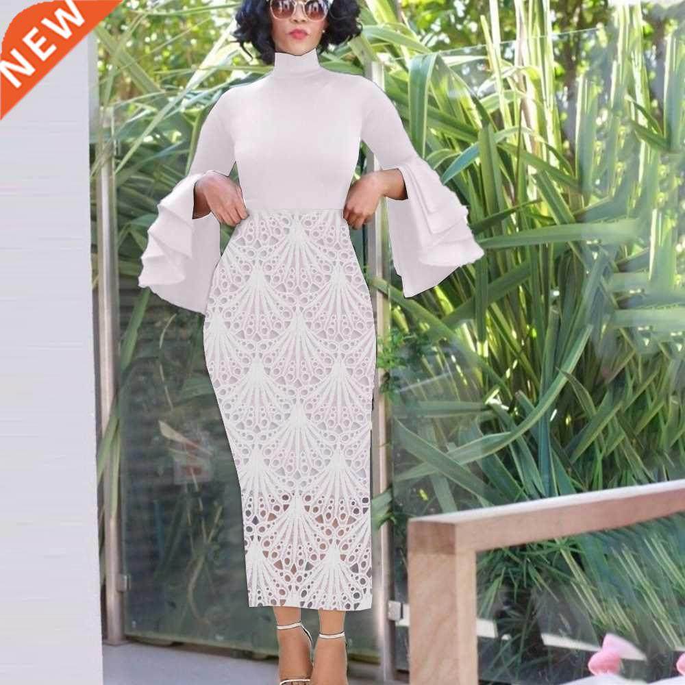 优雅风小立领喇叭袖蕾丝拼接连衣裙 休闲修身显瘦一步裙whitedres